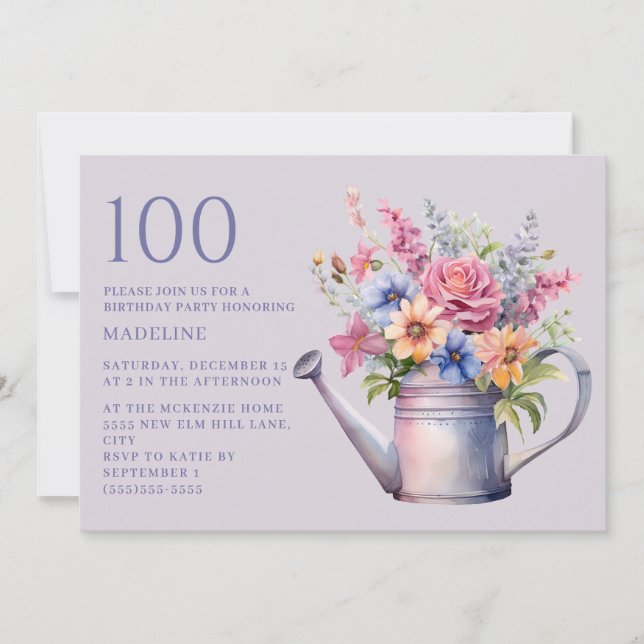 Invitation Arrosoir Fleur Peach Violet 100e Anniversaire (Devant)