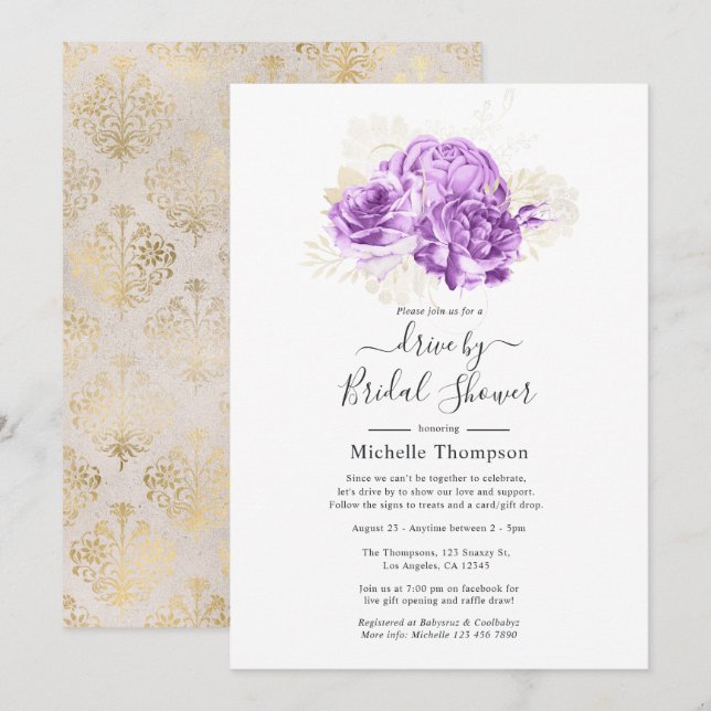 Invitation Arrosoir floral violet et ivoire (Devant / Derrière)