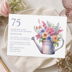 Invitation Arrosoir Floral Violet Pêche 75e Anniversaire