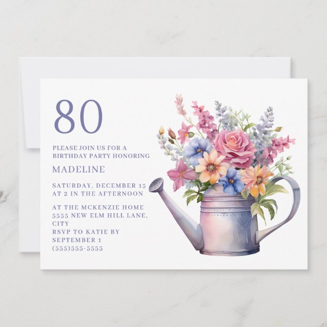 Invitation Arrosoir Floral Violet Pêche 80e Anniversaire (Devant)