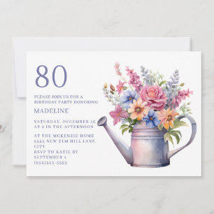 Invitation Arrosoir Floral Violet Pêche 80e Anniversaire