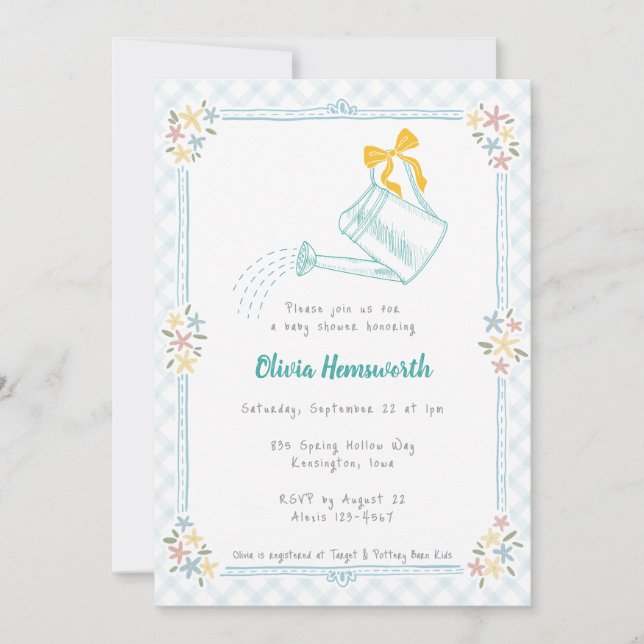Invitation Arrosoir Gingham Bleu Ciel Bébé 001 (Devant)