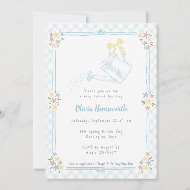 Invitation Arrosoir Gingham Bleu Ciel Bébé Shower 001 (Devant)
