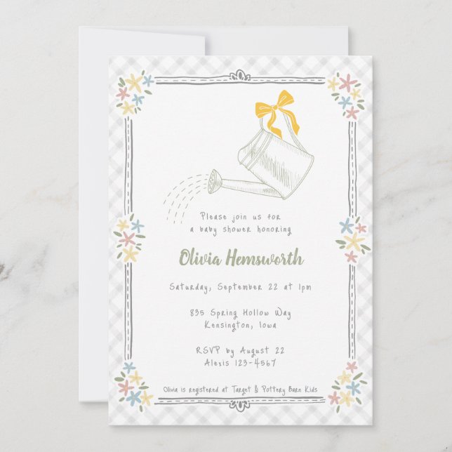 Invitation Arrosoir Gingham Gris Brouillard 020 Baby Shower (Devant)