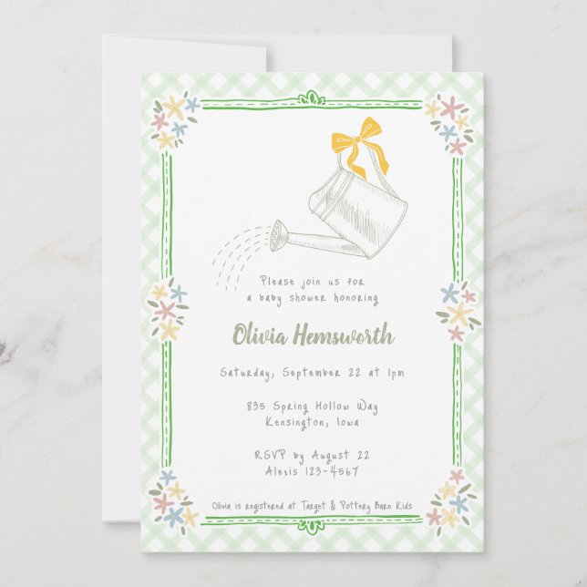 Invitation Arrosoir gingham vert herbe pour Baby Shower 018 (Devant)