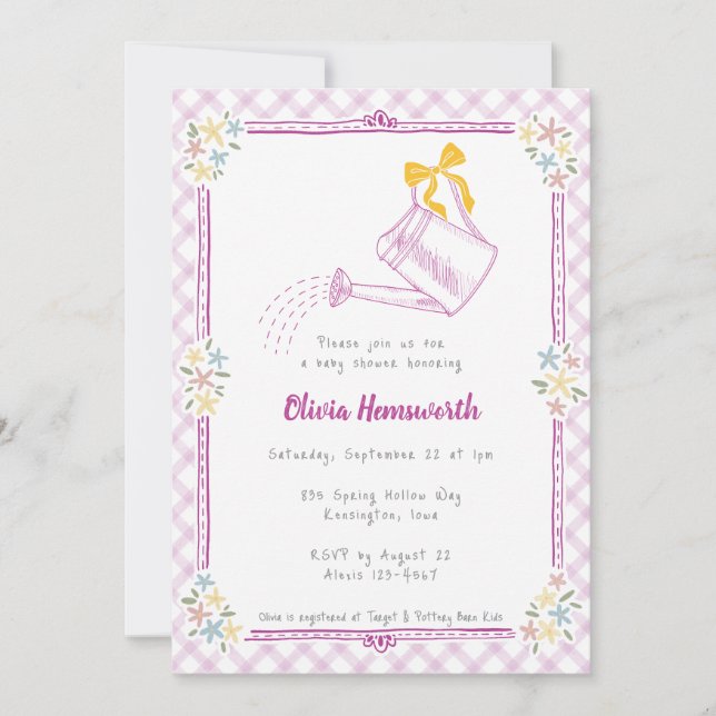 Invitation Arrosoir Gingham Violet 006 Fête Prénatale Bébé (Devant)