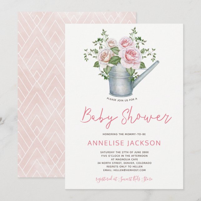 Invitation Arrosoir roses roses blush bébé fille douche (Devant / Derrière)