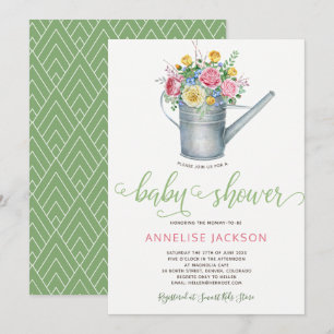 Invitation Arrosoir sauge teinte rose floral baby shower