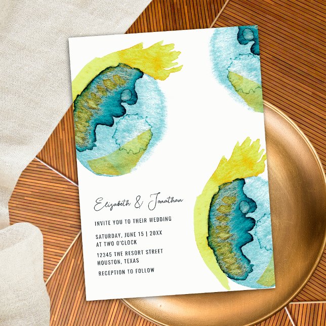 Invitation Art Abstrait Aquarelle Jaune Bleu Mariage Unique (Front)