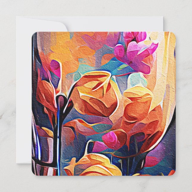 Invitation Art abstrait floral Fleurs orange rouge bleu (Devant)
