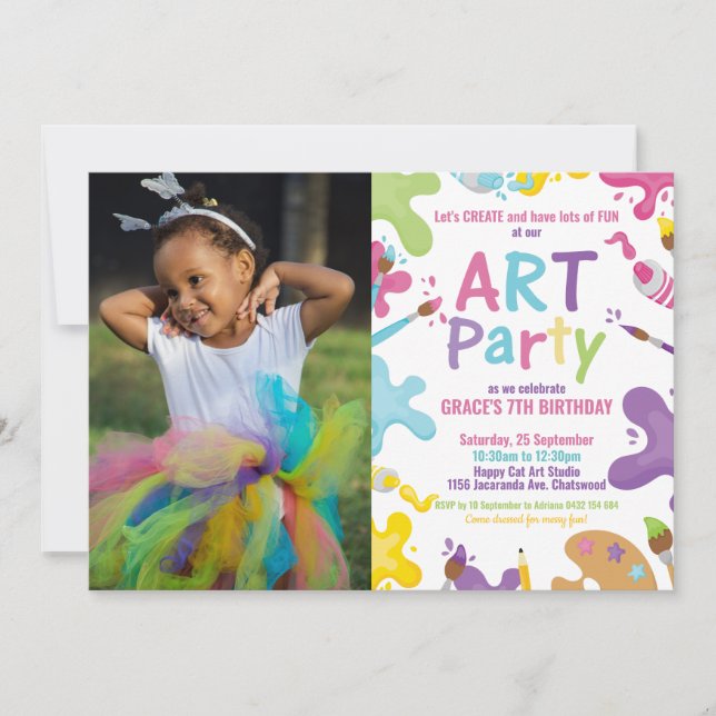 Invitation Art Anniversaire Fête Rainbow Peinture Girl Photo (Devant)