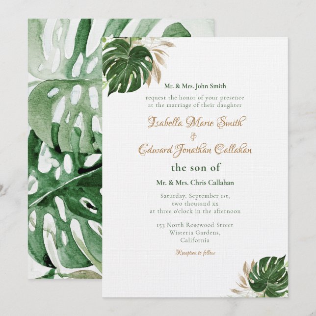 Invitation Art aquarelle de feuilles de Monstera vert tropica (Devant / Derrière)