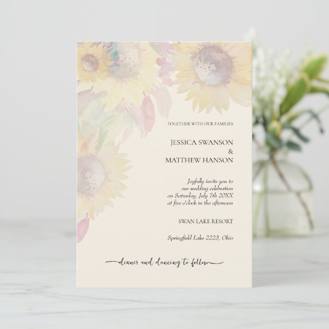 Invitation Art aquarelle pastel rustique tournesol moderne (Debout devant)