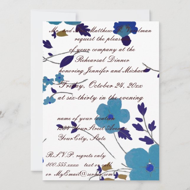 Invitation Art bleu de fleur de dîner de répétition (Devant)