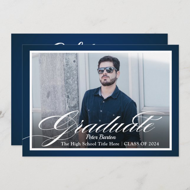 Invitation Art bleu marine moderne Script photo Grad Party (Devant / Derrière)