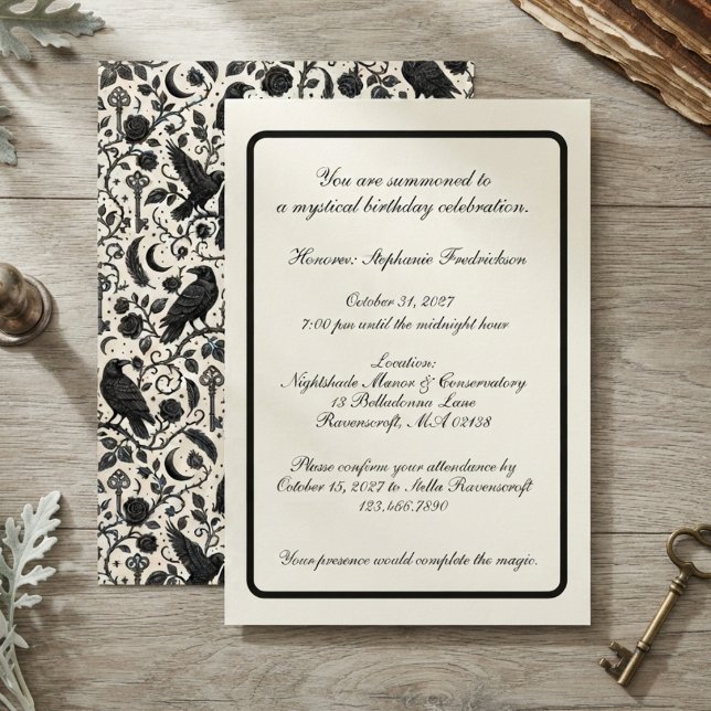 Invitation Art botanique gothique corbeau (Raven botanical invitation for gothic decor fans celebrating a moody birthday party.)