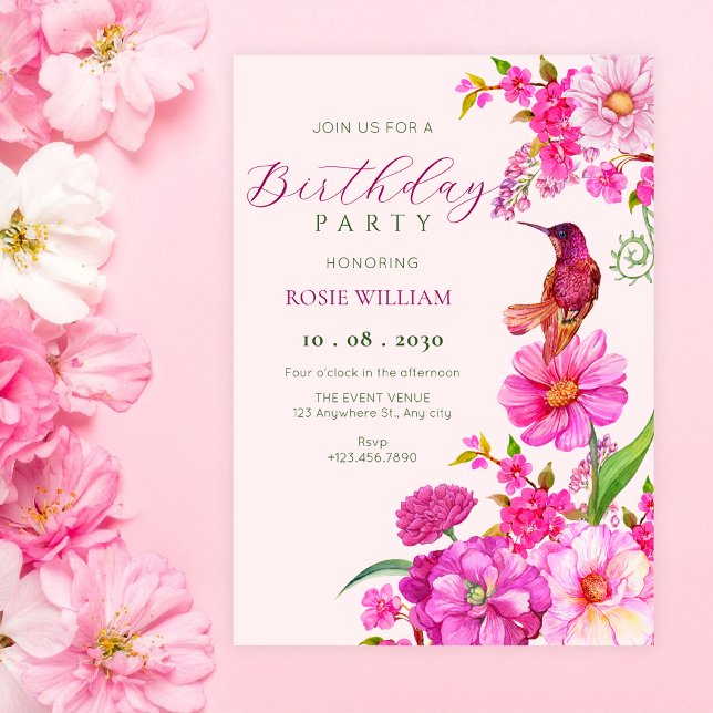 Invitation art colibri fleurs roses anniversaire (Créateur téléchargé)