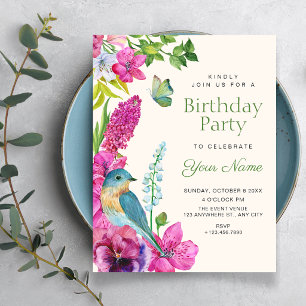 Invitation art de l'oiseau floral anniversaire