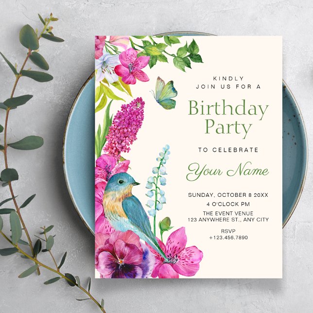 Invitation art de l'oiseau floral anniversaire (Créateur téléchargé)