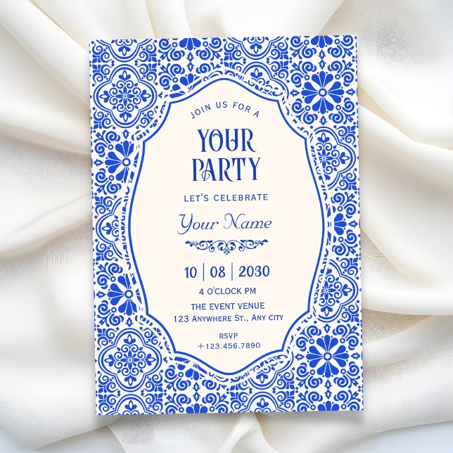 Invitation art de motif de carreaux bleus  (Créateur téléchargé)