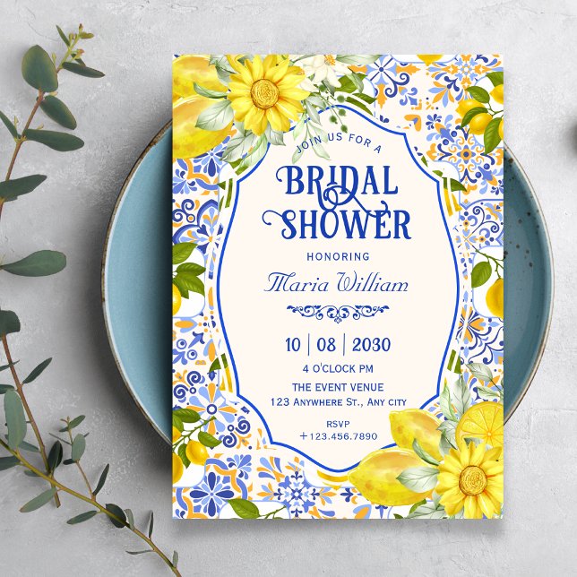 Invitation art de motif de carrelage de citron bleu anniversa (Créateur téléchargé)