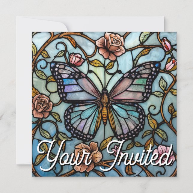 Invitation Art de papillon bleu en verre antique teinté (Devant)