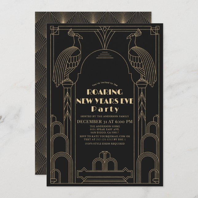 Invitation Art Déco 1920 Gatsby Peacock Nouvel An Eve (Devant / Derrière)