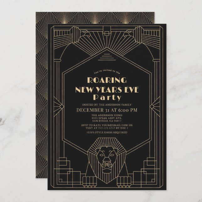 Invitation Art Déco 1920's Gatsby Lion New Years Eve Party (Devant / Derrière)