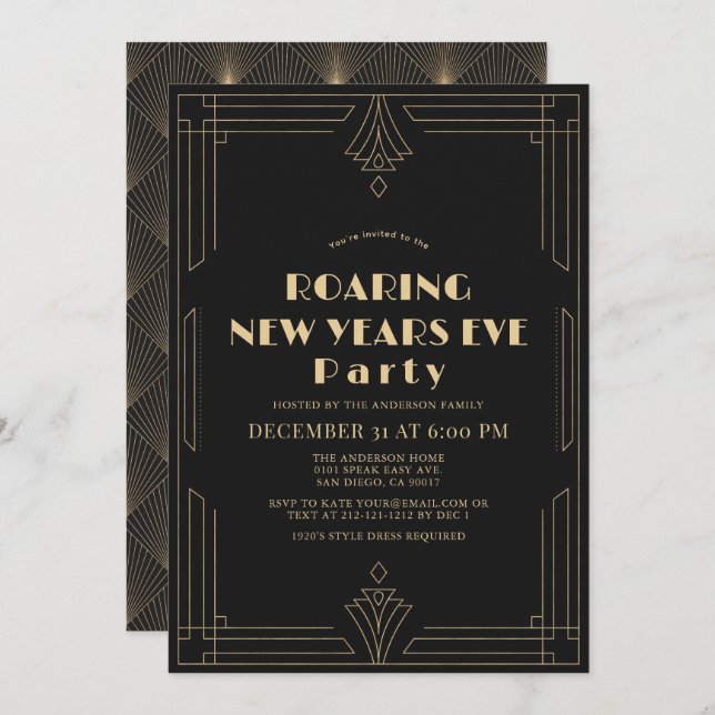 Invitation Art Déco 1920's Gatsby New Years Eve Party (Devant / Derrière)