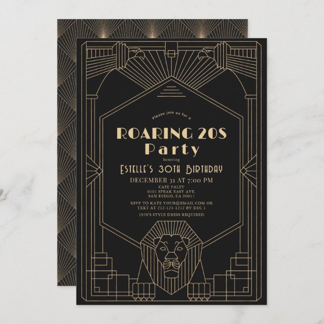 Invitation Art déco années 1920 Gatsby Lion Roaring 20's Anni (Devant / Derrière)