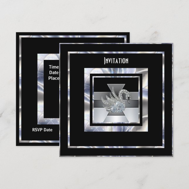 Invitation Art Déco Argent Diamant Noir Cygne (Devant / Derrière)
