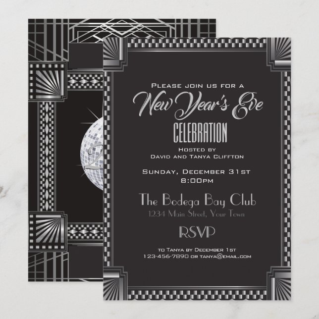 Invitation Art Déco Argent et Noir NYE Gatsby Style (Devant / Derrière)