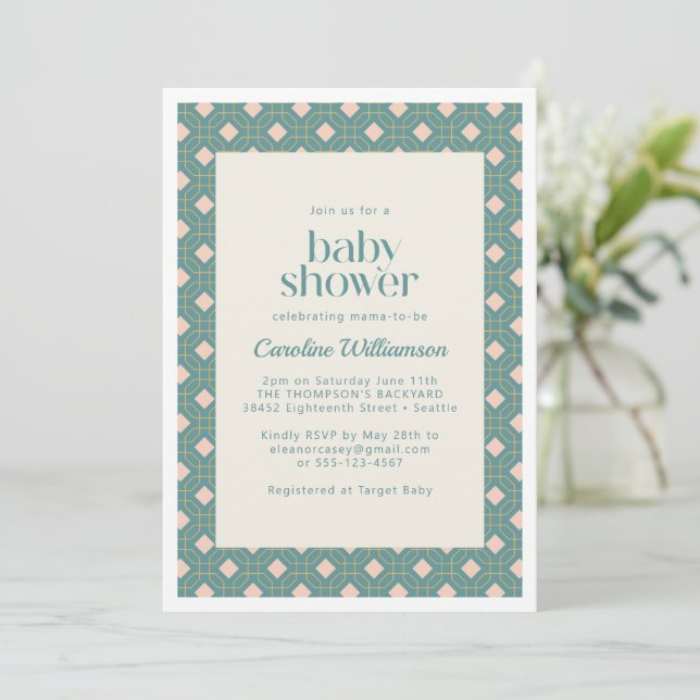 Invitation Art déco Baby shower géométrique Turquoise et rose (Debout devant)