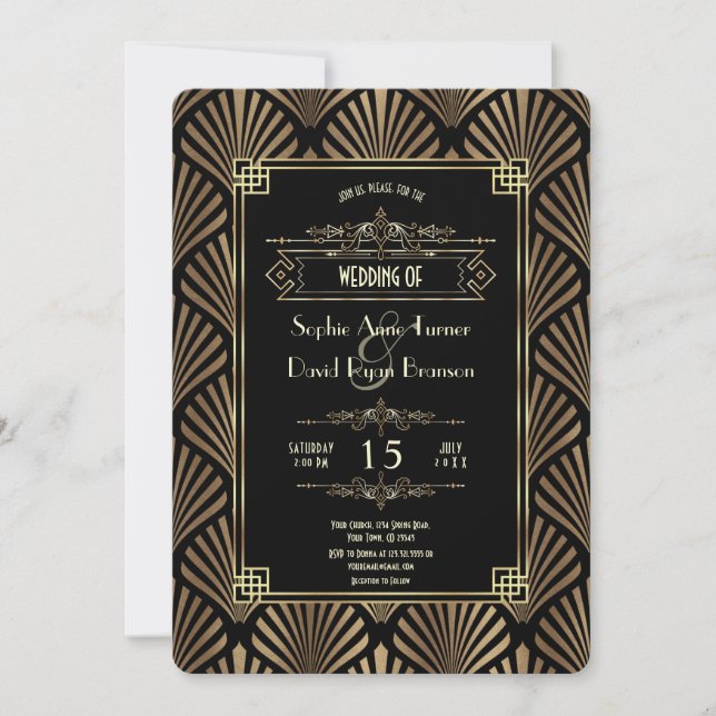 Invitation Art Déco Black Gatsby 1920 Style Mariage (Devant)