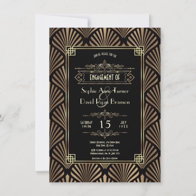 Invitation Art Déco Black Gatsby 1920's Engagement Party (Devant)