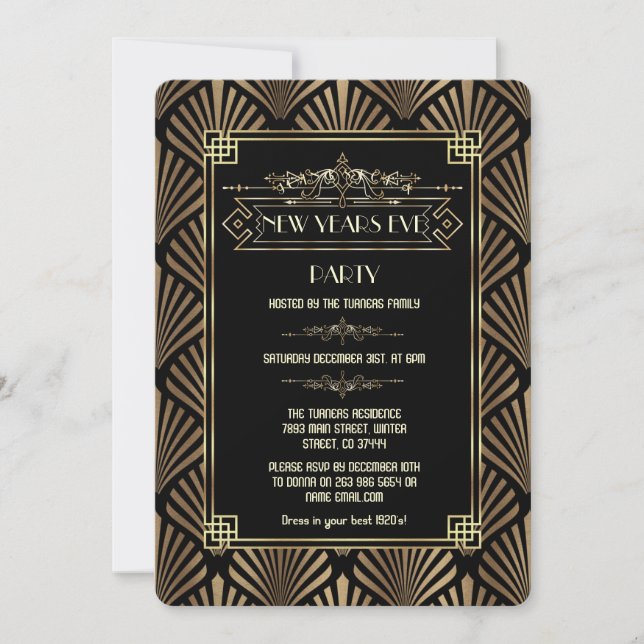 Invitation Art Déco Black Gatsby 1920's New Year's Eve Party (Devant)