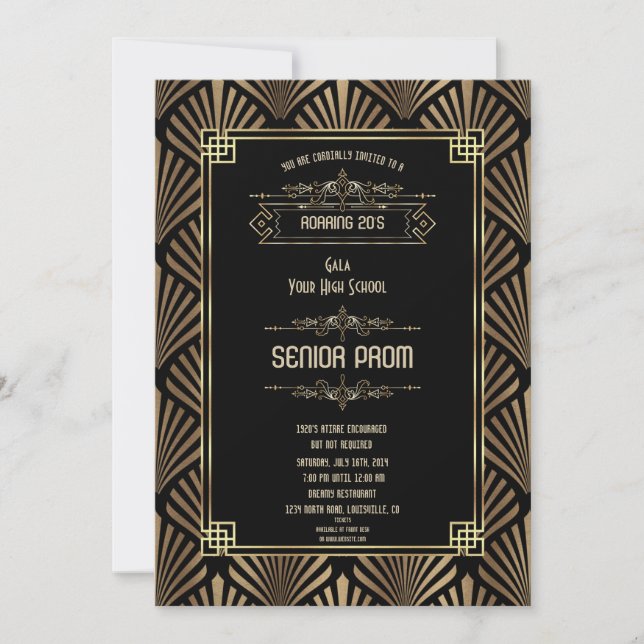 Invitation Art Déco Black Gatsby 1920s Style Senior PROM (Devant)