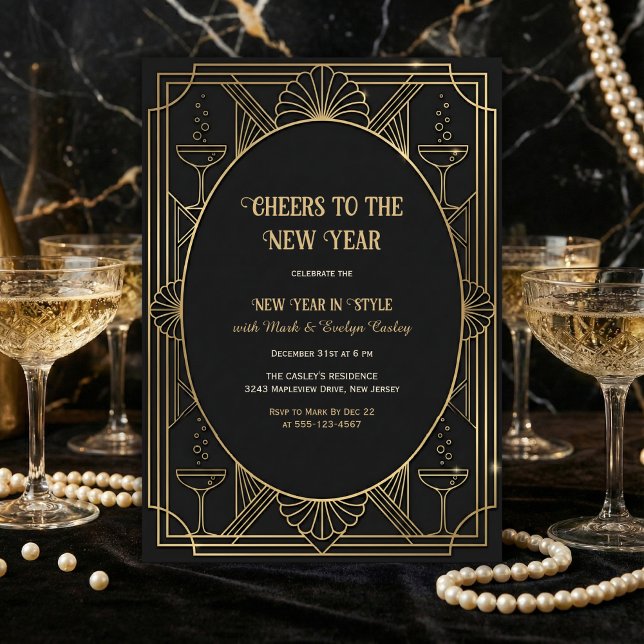 Invitation Art Deco Black & Gold Cheers to the New Year (Cheers to the New Year – Art Deco Black & Gold, Champagne, Personalized)