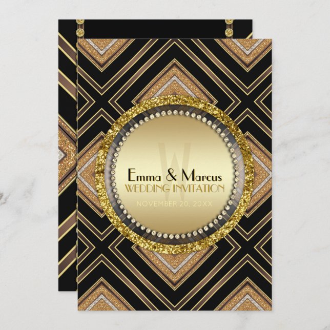 Invitation Art Déco Black Gold Geometry Mariage événement spé (Devant / Derrière)
