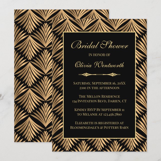 Invitation Art Déco Black Gold Great Gatsby Fête des mariées (Devant / Derrière)