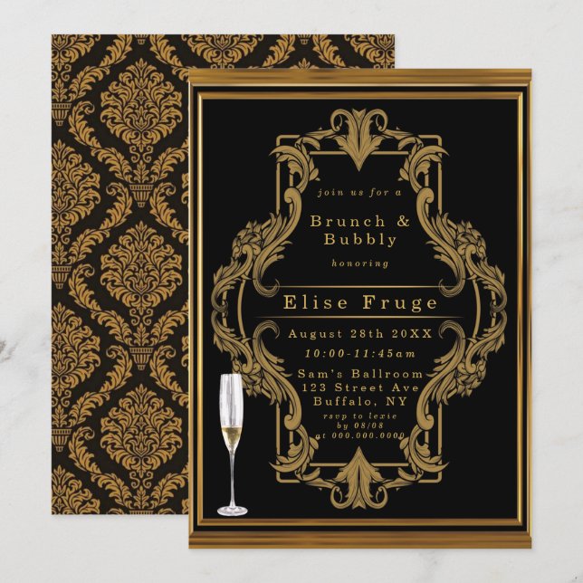 Invitation Art Déco Black Gold Royal Brunch & Bubbly (Devant / Derrière)