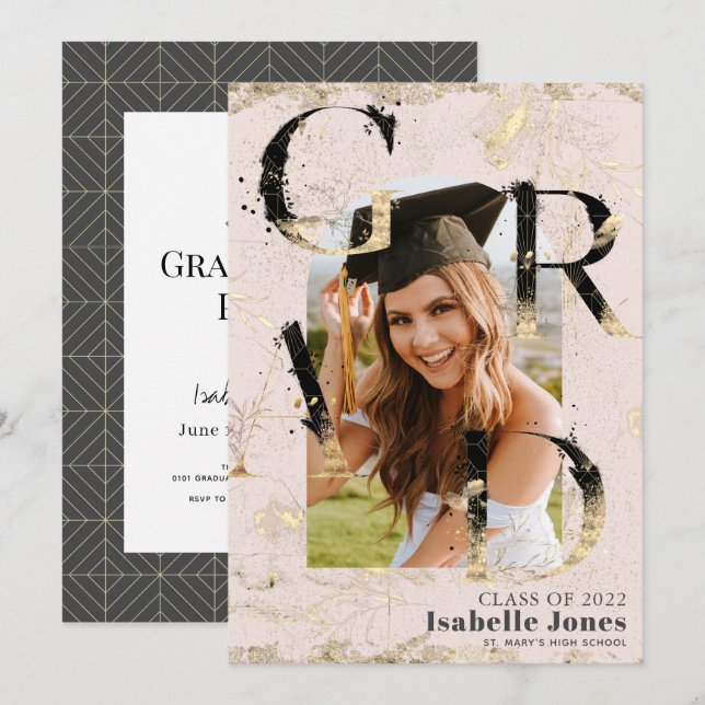 Invitation Art Déco Botanique Arche rose Diplôme Photo (Devant / Derrière)