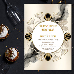 Invitation Art Déco Champagne et Perles À la nouvelle année