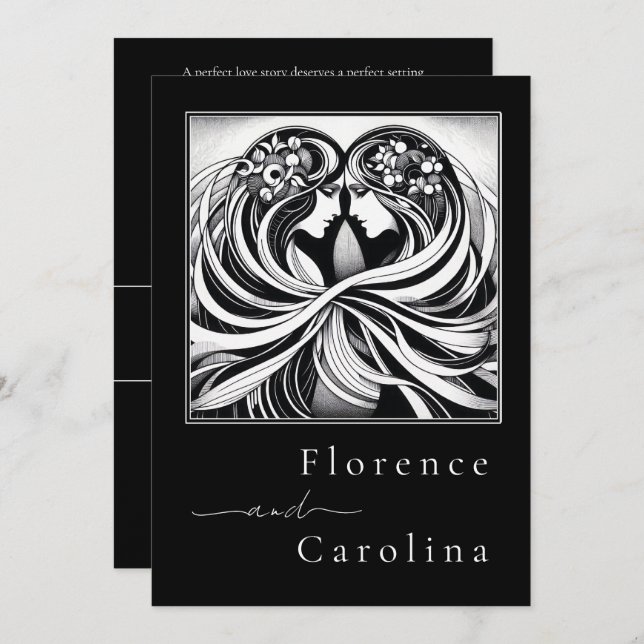 Invitation Art déco classique moderne Mariage noir & blanc (Devant / Derrière)