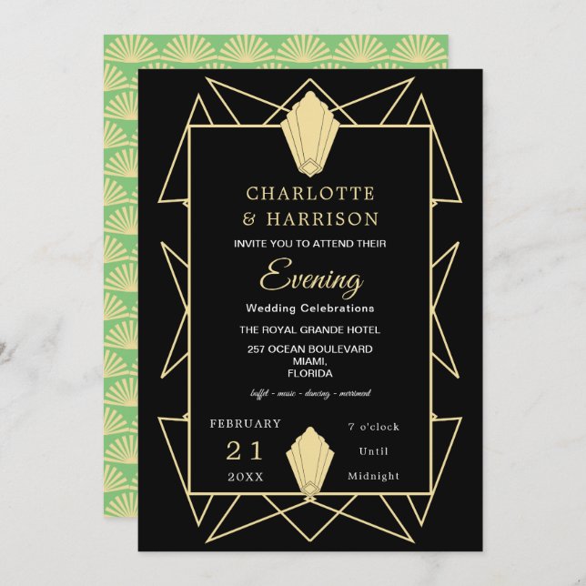 Invitation Art Déco Classy Green Gold Mariage (Devant / Derrière)