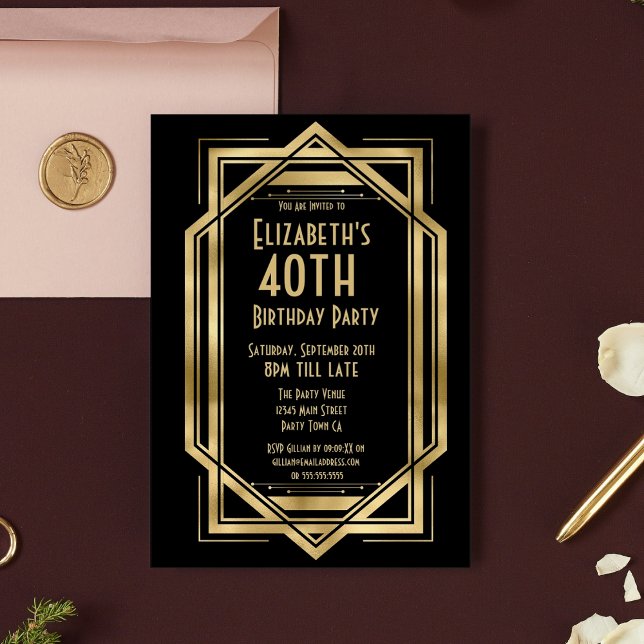Invitation Art déco des années 20 | Gold 40th Birthday (Créateur téléchargé)