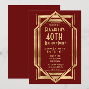 Invitation Art Déco des Années Folles Bourgogne Or 40ème