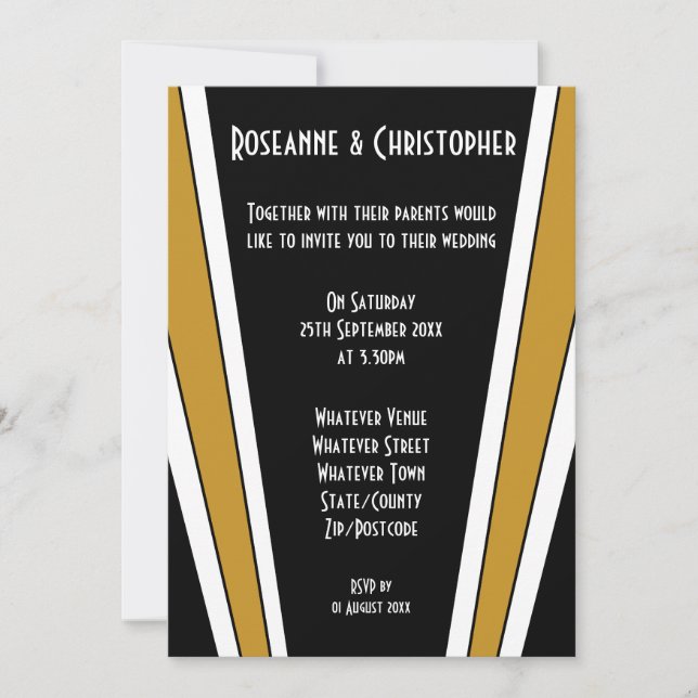 Invitation Art Déco Design Mariage Noir Et Or (Devant)