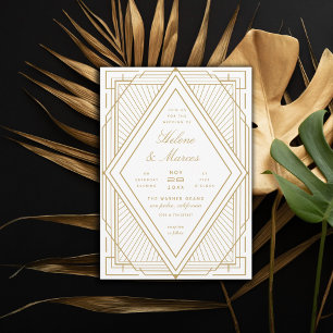 Invitation Art Déco Diamant Mariage blanc et or