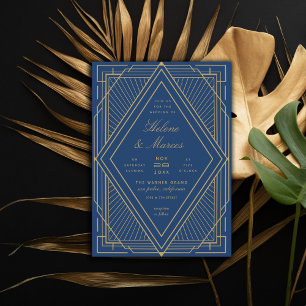 Invitation Art Déco Diamond Navy Blue et Gold Mariage